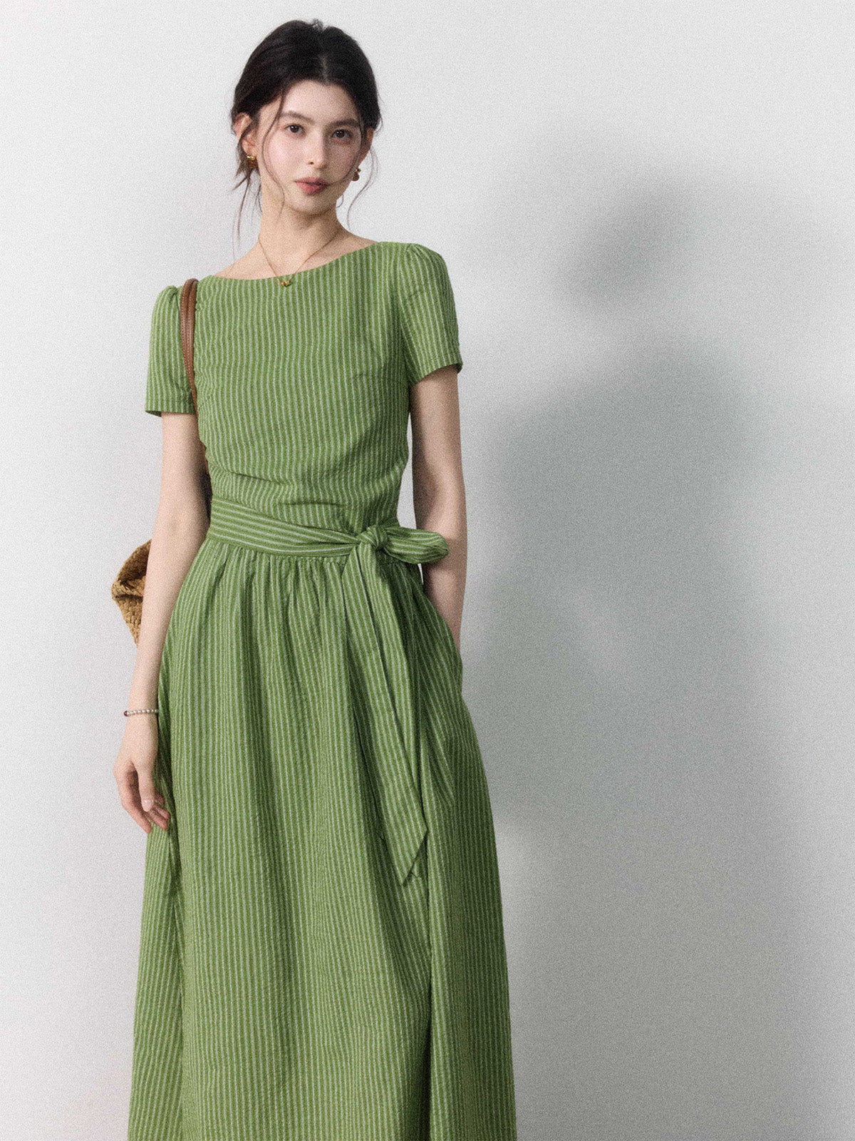 a line boat neck dress A-Line With Tie Belt And Stripes This 1777 print by front page line silhouette flatters all Size:3X-Large Tall