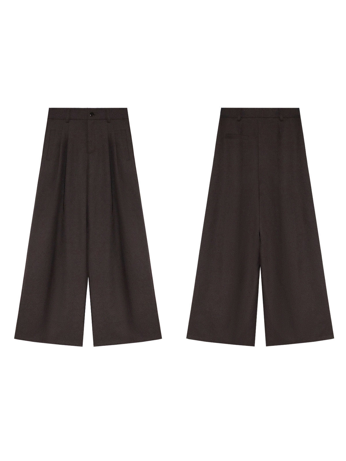Dark brown high-rise wide-leg trousers with front pleats and button closure, shown from the front.