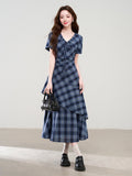 Navy blue plaid dress with gathered waist and layered skirt
