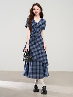 Navy blue plaid dress with gathered waist and layered skirt