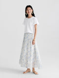 Blue floral A-line pleated skirt with elastic waist, white background.