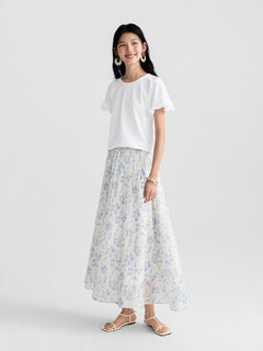 Blue floral A-line pleated skirt with elastic waist, white background.