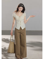 Khaki wide-leg pants with high-rise waist and front pockets