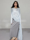 Grey A-Line Midi Skirt with side slit and drawstring waist, shown in full length.