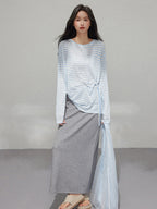 Grey A-Line Midi Skirt with side slit and drawstring waist, shown in full length.