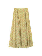 Yellow plaid long a-line skirt with pleated asymmetrical hem