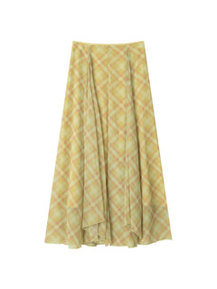 Yellow plaid long a-line skirt with pleated asymmetrical hem