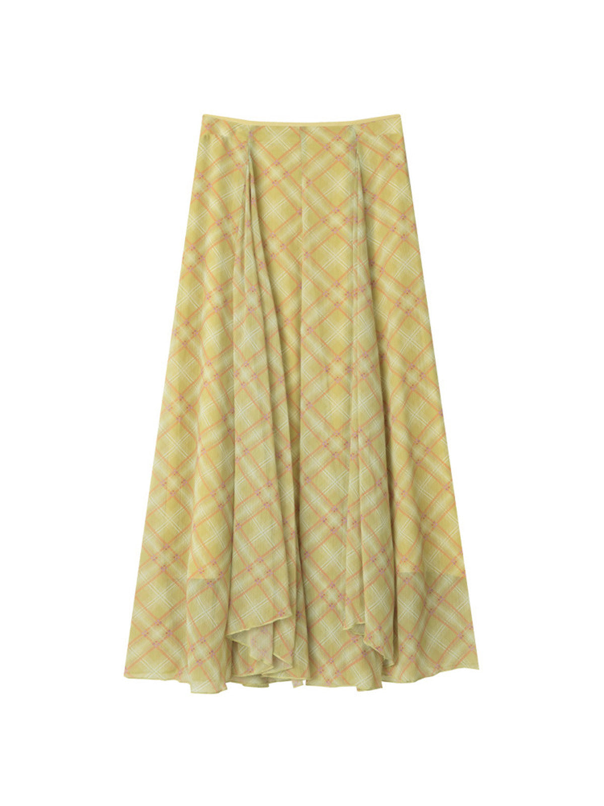 Yellow plaid long a-line skirt with pleated asymmetrical hem