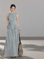 Light blue a-line pleated skirt with elastic waistband