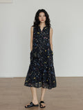 Black floral midi dress with tiered skirt and V-neck