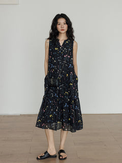 Black floral midi dress with tiered skirt and V-neck