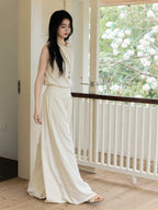 High-Rise Cream Wide-Leg Pants with Elasticated Waist