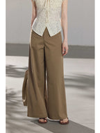 Close-up of khaki wide-leg pants showing straight hem and side seam