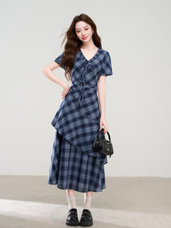 Navy Blue Plaid Midi Dress with V-Neck Ruffle and Short Sleeves