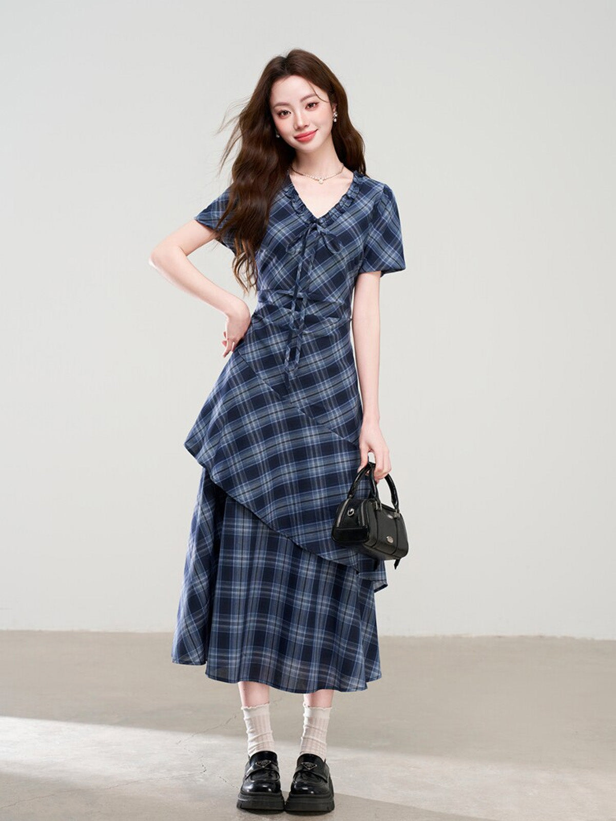 Navy Blue Plaid Midi Dress with V-Neck Ruffle and Short Sleeves