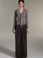 Dark Brown High-Rise Wide-Leg Trousers with Front Pleats
