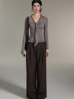 Dark Brown High-Rise Wide-Leg Trousers with Front Pleats