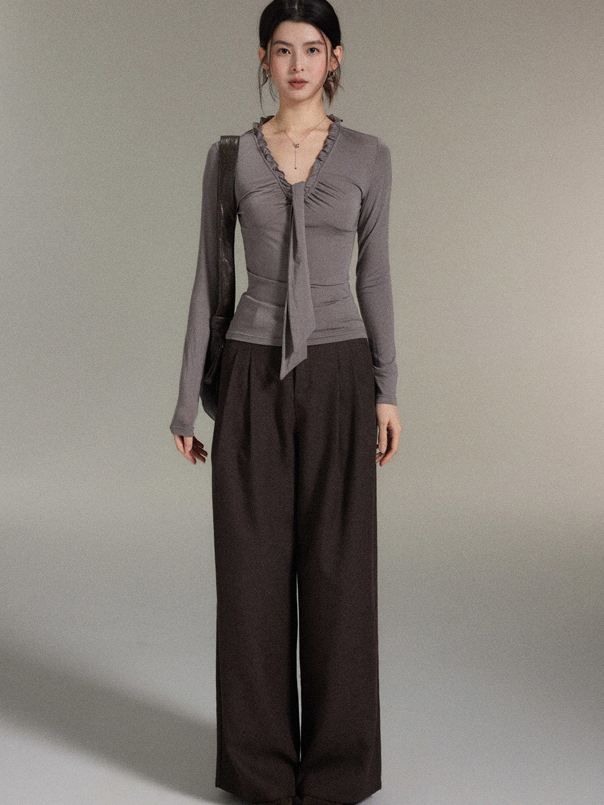Dark Brown High-Rise Wide-Leg Trousers with Front Pleats
