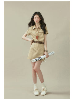 Beige mini A-line dress with short sleeves and collar.