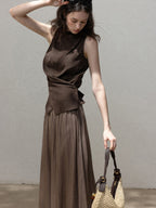 Brown Sleeveless Tank Top With High Neck And Asymmetric Hem