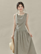 Black and White Checked A-Line Midi Dress with Bow Strap