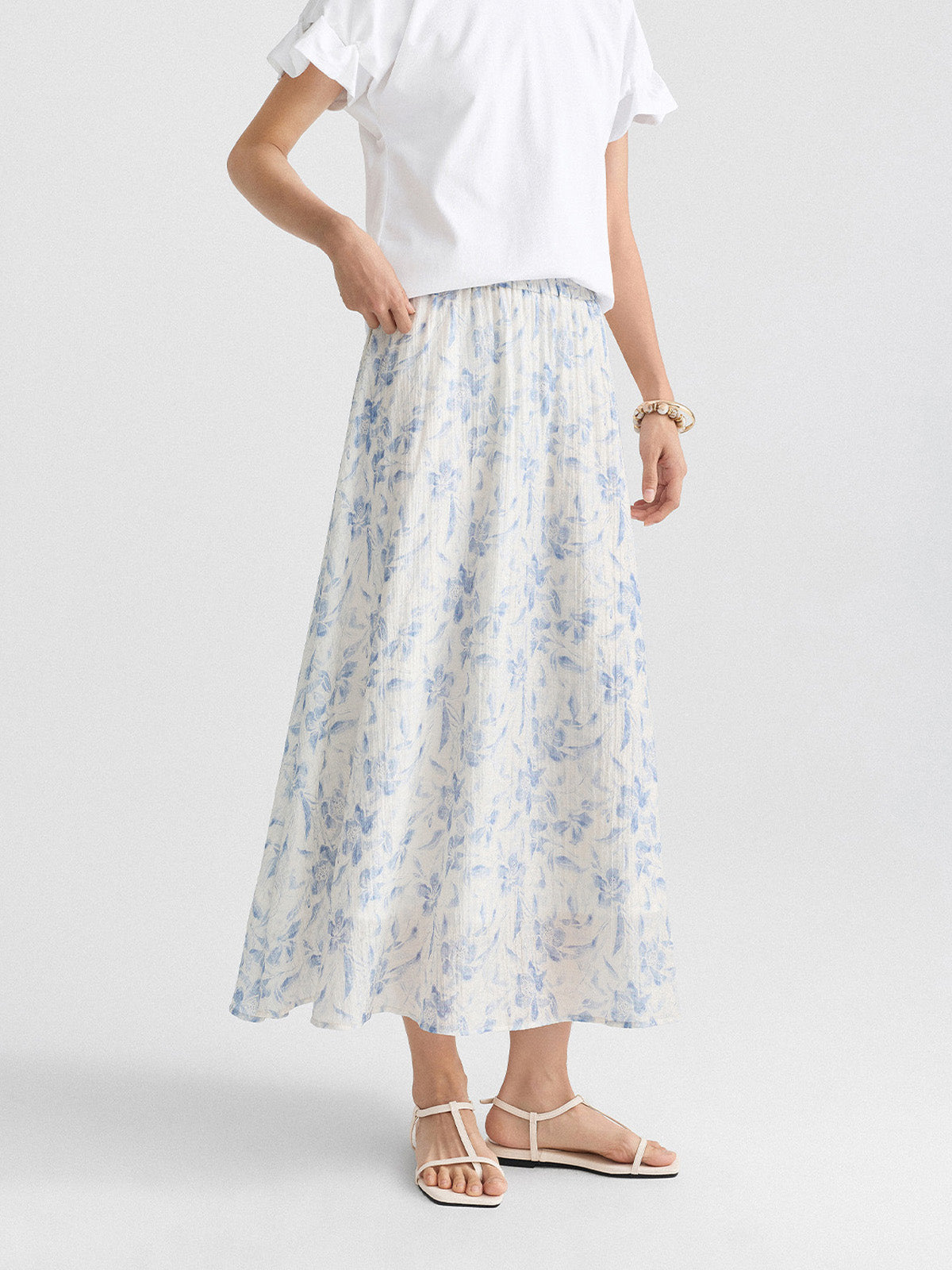 Blue Floral A-Line Pleated Skirt with Elastic Waist