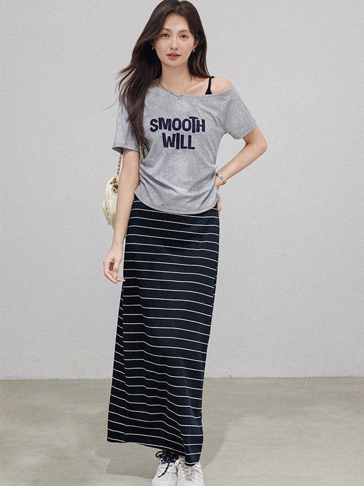 Navy Stripe Cotton Midi Skirt Featuring Side Slit