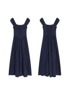Navy Blue Maxi Dress with Square Neckline and Puffed Sleeves