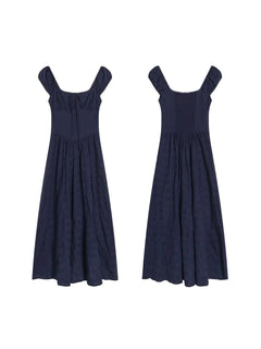 Navy Blue Maxi Dress with Square Neckline and Puffed Sleeves