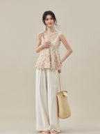 Apricot Short Peplum Tank Top with Square Neck and Thin Straps