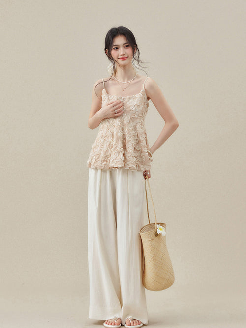 Apricot Short Peplum Tank Top with Square Neck and Thin Straps