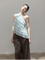 Light Blue Asymmetric Halter Top with Front Ruffles and Open Back