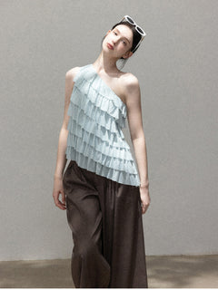 Light Blue Asymmetric Halter Top with Front Ruffles and Open Back