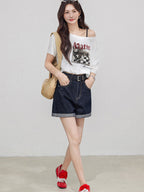 High Rise Denim Shorts with Cuffed Hem and Pockets
