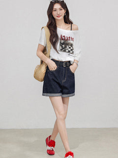 High Rise Denim Shorts with Cuffed Hem and Pockets
