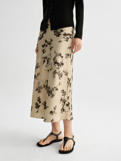 Ivory Floral A-Line Midi Skirt with Pleated Fishtail Hem