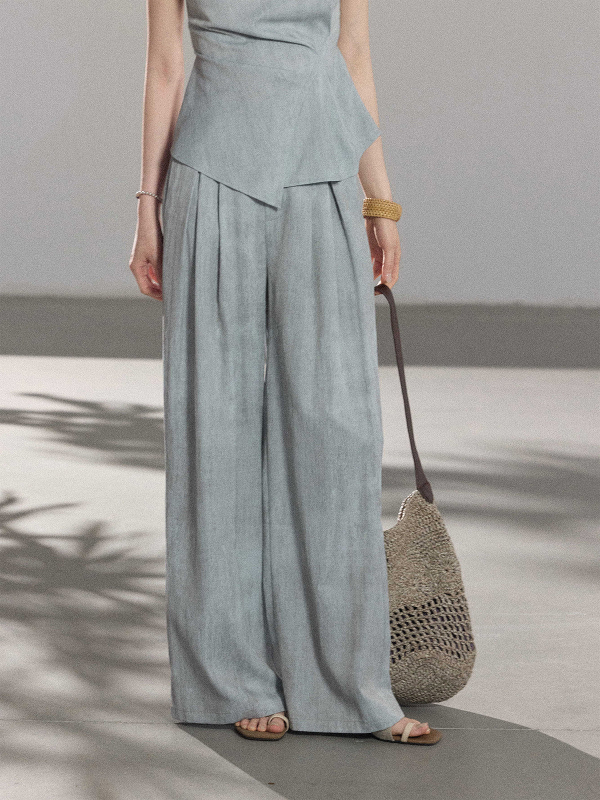 Light blue long pleated skirt with elastic waistband