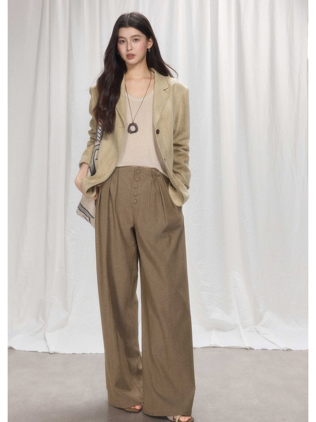 Khaki Long Double-Breasted Blazer with Notch Collar