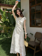 Apricot Midi Dress Featuring Cinched Waist and Short Sleeves