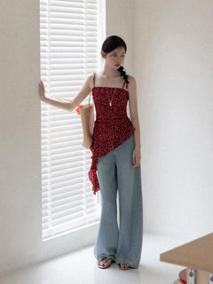 Red floral tank top featuring a square neckline and peplum waist.