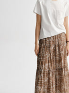 Brown paisley patterned tiered midi skirt with horizontal gathers