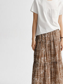Brown paisley patterned tiered midi skirt with horizontal gathers