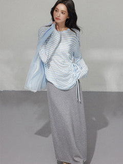 Grey A-Line Midi Skirt with Side Slit and Drawstring Waist