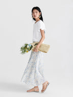 Blue Floral A-Line Pleated Skirt with Elastic Waist