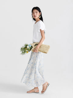 Blue Floral A-Line Pleated Skirt with Elastic Waist