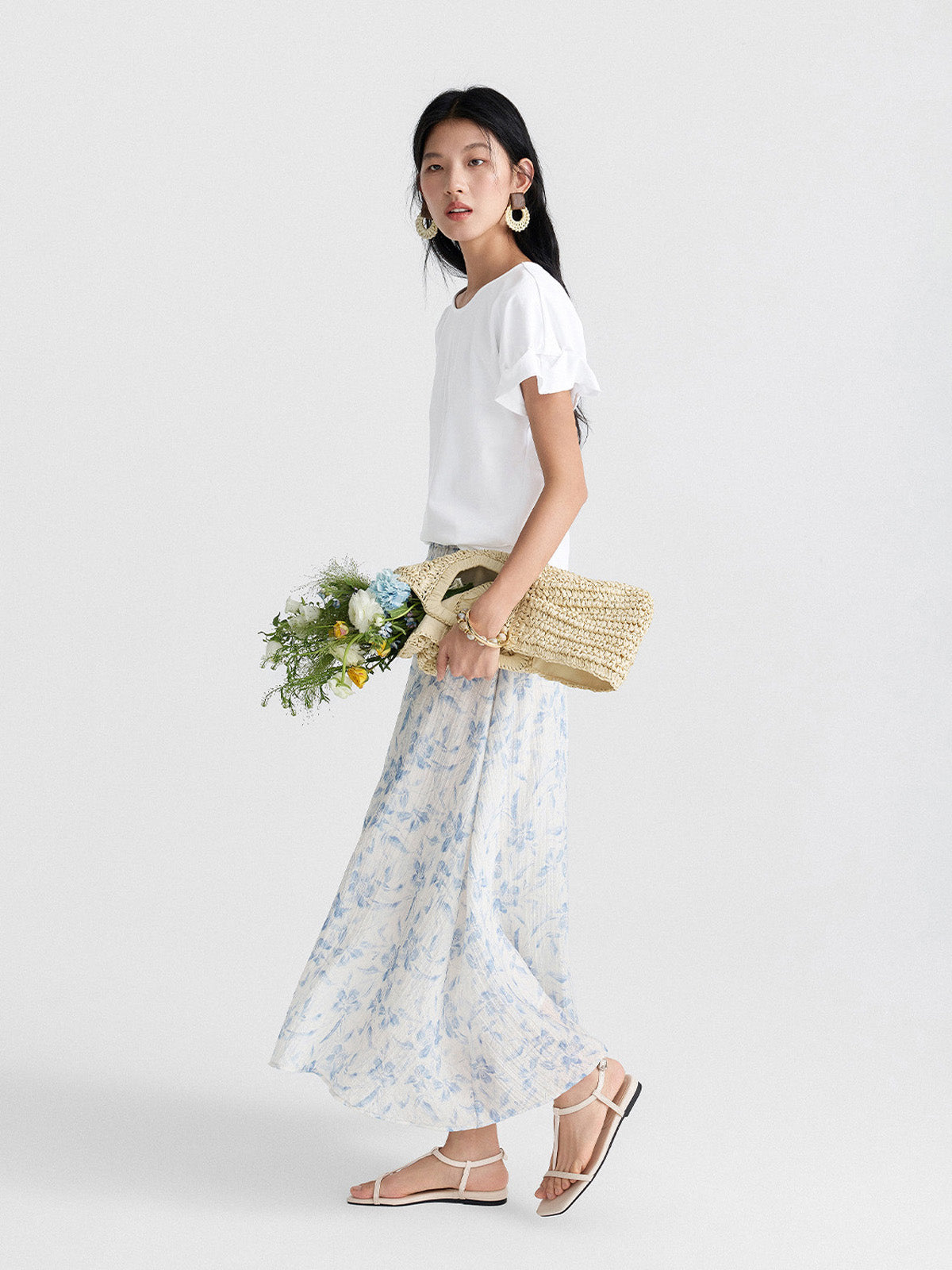 Blue Floral A-Line Pleated Skirt with Elastic Waist