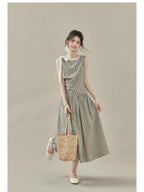 Black and White Checked A-Line Midi Dress with Bow Strap