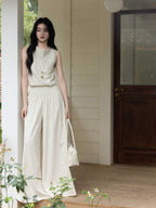 High-Rise Cream Wide-Leg Pants with Elasticated Waist