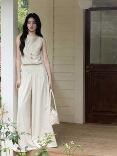 High-Rise Cream Wide-Leg Pants with Elasticated Waist