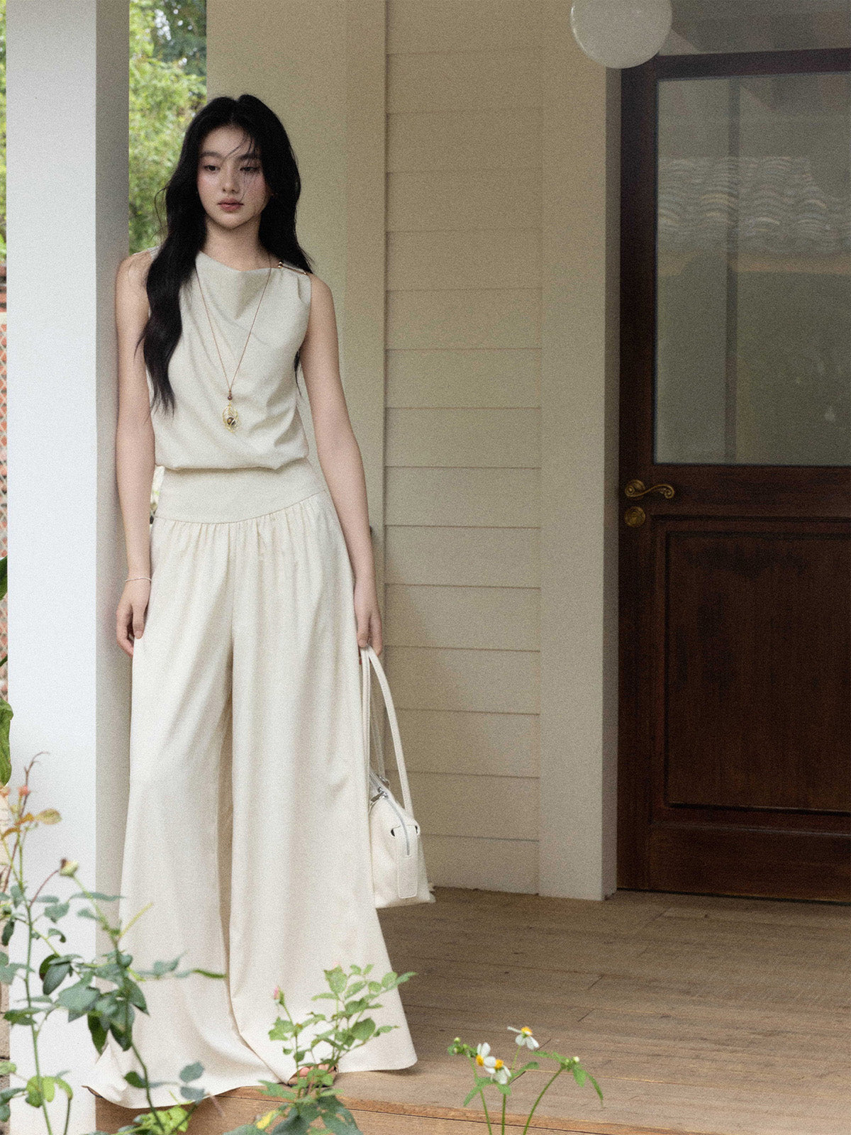 High-Rise Cream Wide-Leg Pants with Elasticated Waist